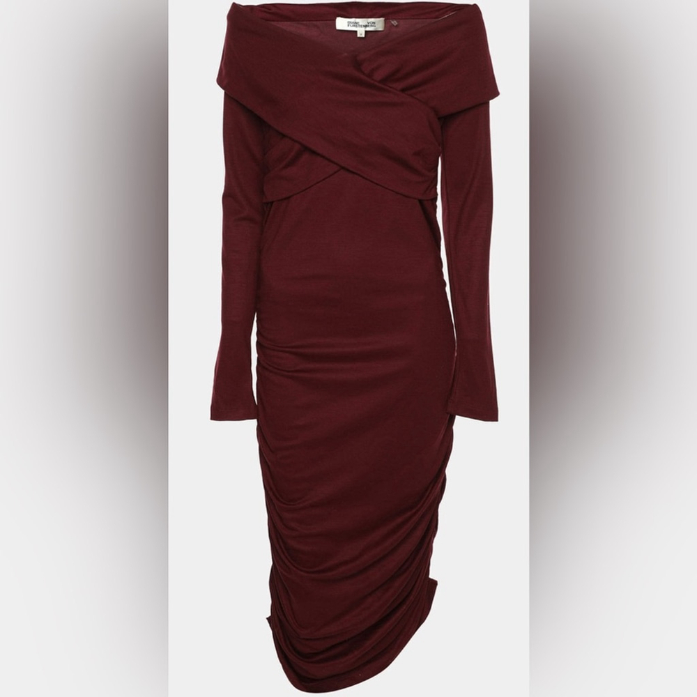 Diane Von Furstenberg Burgundy maroon Wool Blend Bodycon Dress ruched midi Sm
